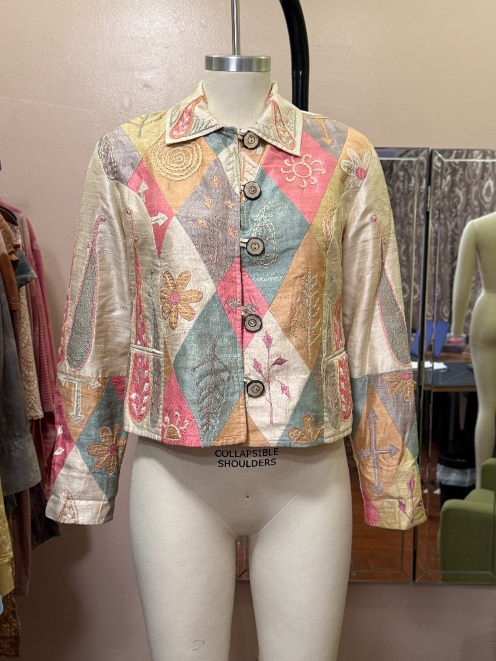 Anage Silk Dupioni Cropped Jacket, Diamond Patchwork Embroidered Beaded, Size M